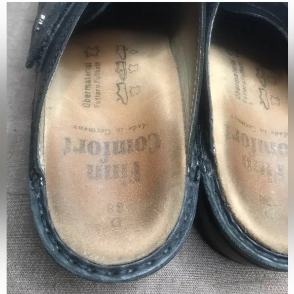 FINN COMFORT Amalfi Sz 7.5D/EU 38D Black Leather & Snake Print Mule Style Clogs - Picture 13 of 16